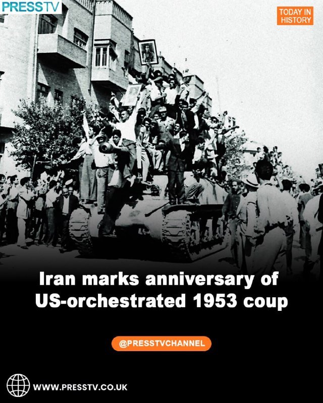 A black-and-white photograph shows a large crowd gathered around a tank, with several men standing atop it holding raised portraits, accompanied by on-screen text reading "Iran marks anniversary of US-orchestrated 1953 coup."
