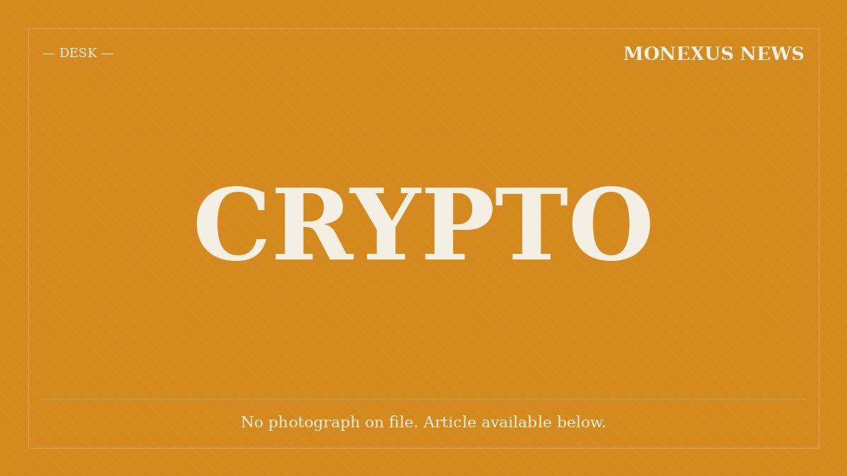 An orange graphic placeholder image displays the white text "CRYPTO" centered, with "DESK" and "MONEXUS NEWS" at the top, and "No photograph on file. Article available below." at the bottom.