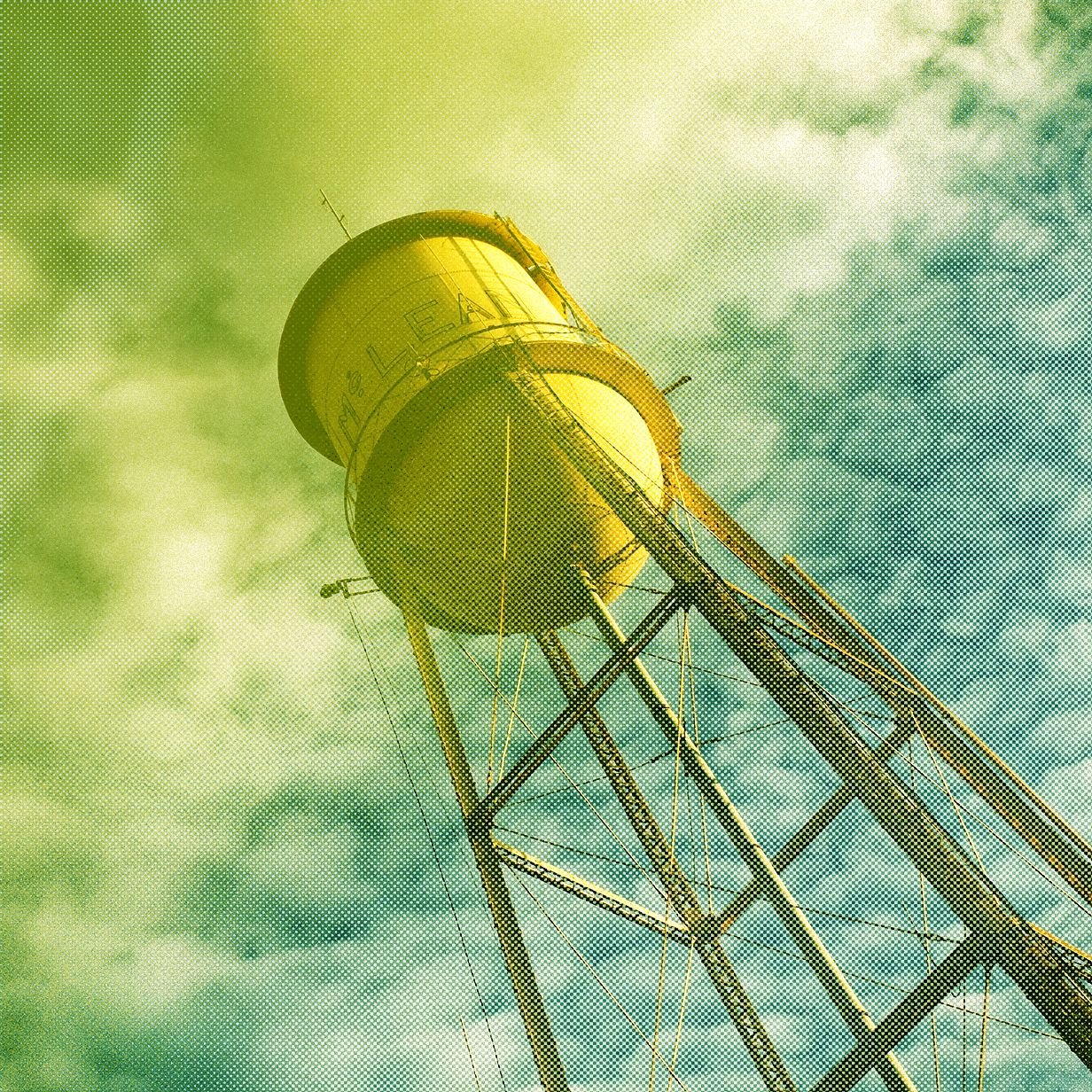 A low-angle illustration shows a yellow water tower reading "Highland Park" against a cloudy sky, rendered with a halftone dot overlay.