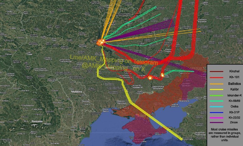 Satellite view map showing colored trajectory lines from Ukraine and Crimea directed toward multiple target points, with a legend identifying missile and drone types including Kinzhal, Kalibr, and Shahed.