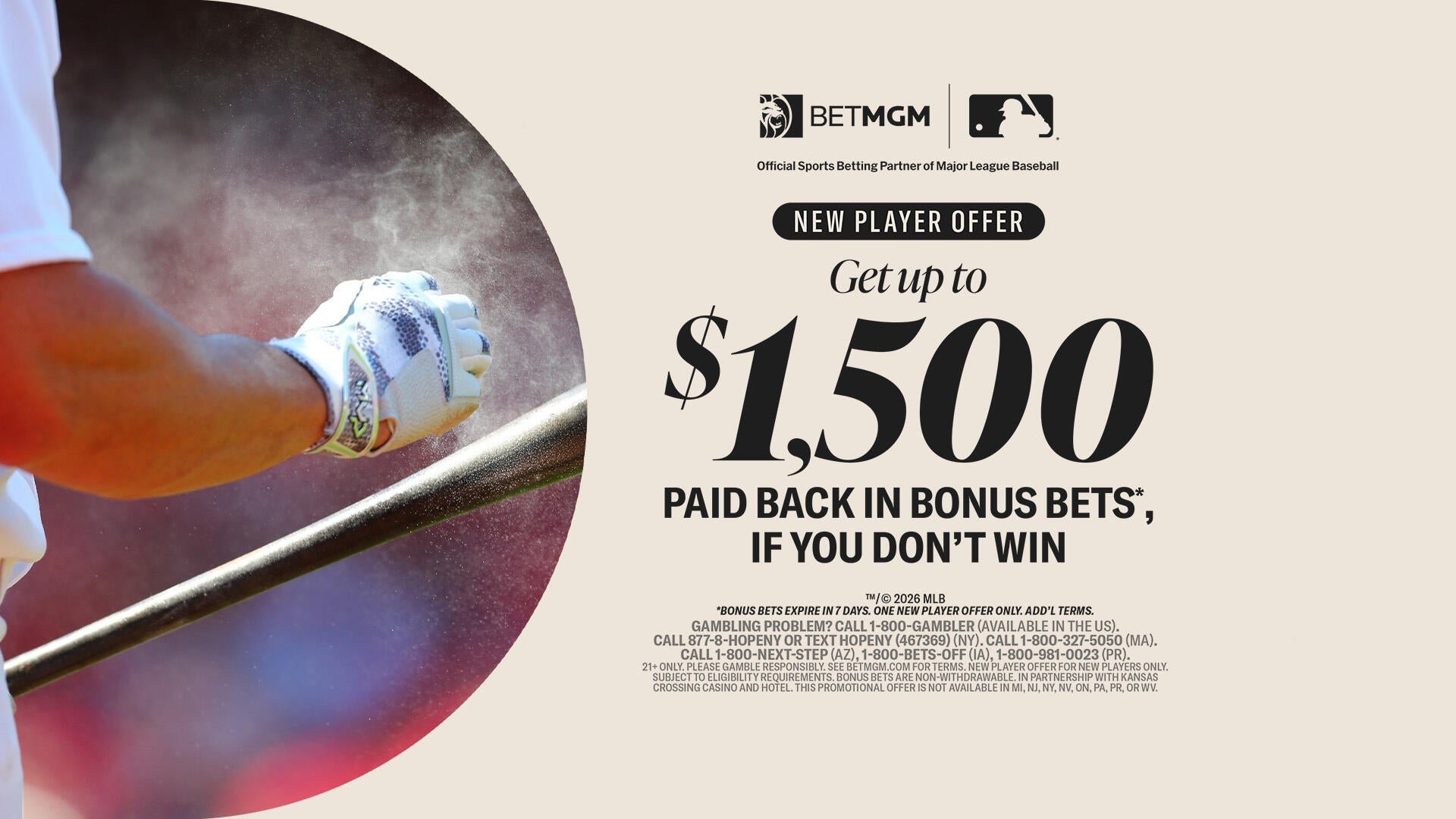 A promotional graphic displays a batter's gloved hands gripping a bat beside BetMGM and MLB logos advertising a $1,500 new player bonus offer.