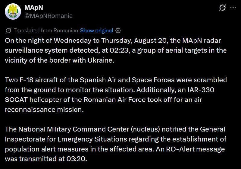 A social media post by MApN Romania details radar detection of aerial targets near Ukraine and a response by Spanish F-18s and a Romanian IAR-330 helicopter.