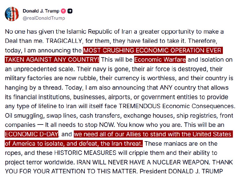 Repost of a Truth Social statement attributed to US President Donald Trump on Iran, dated 19 August 2026.