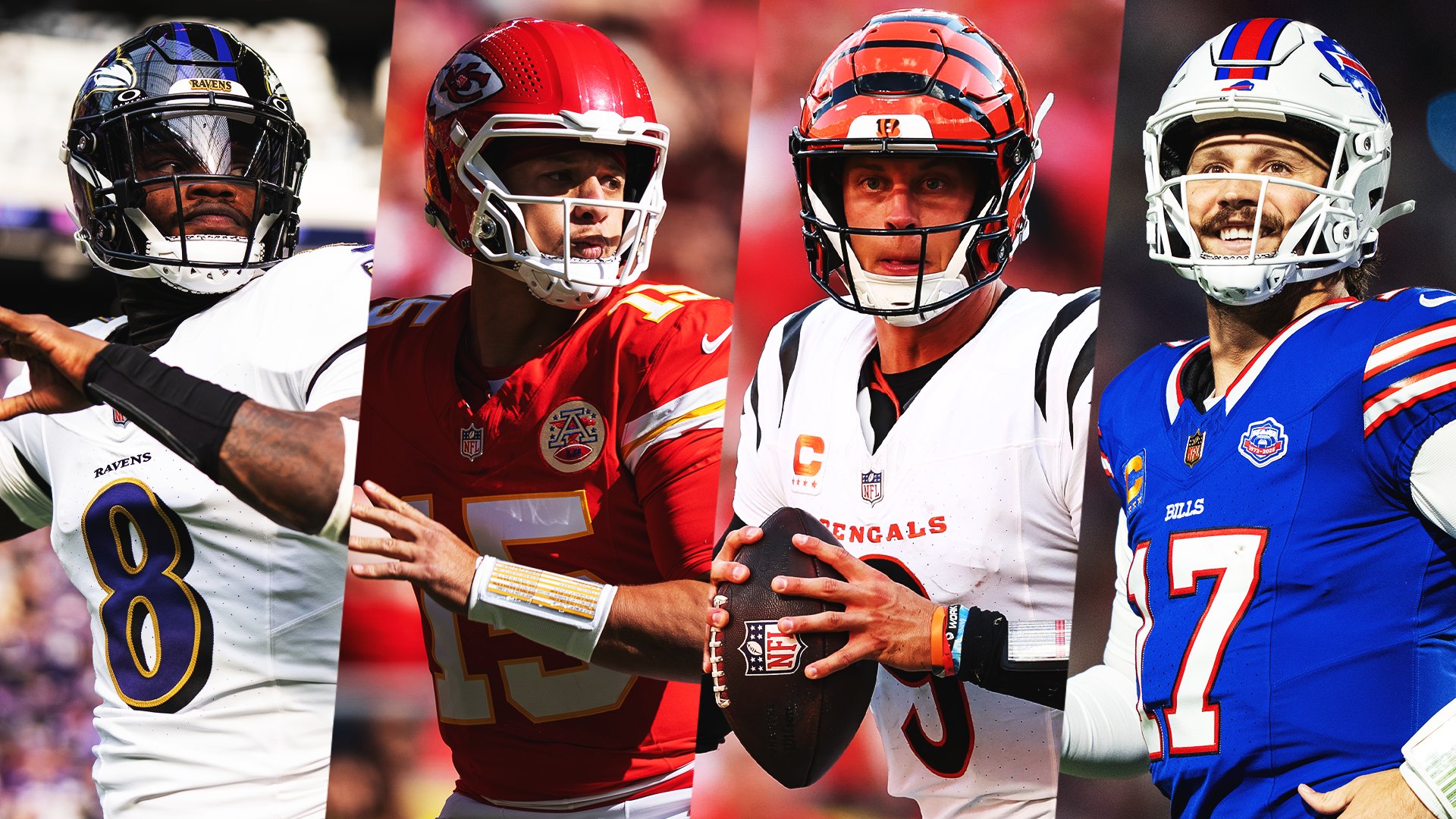 Four NFL quarterbacks in Ravens, Chiefs, Bengals, and Bills uniforms appear side-by-side in a composite photo.