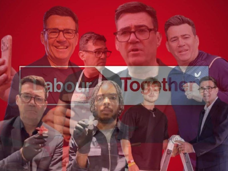 Collage of eight men in various poses and outfits, overlaid with "Labour Together" text against a red background.