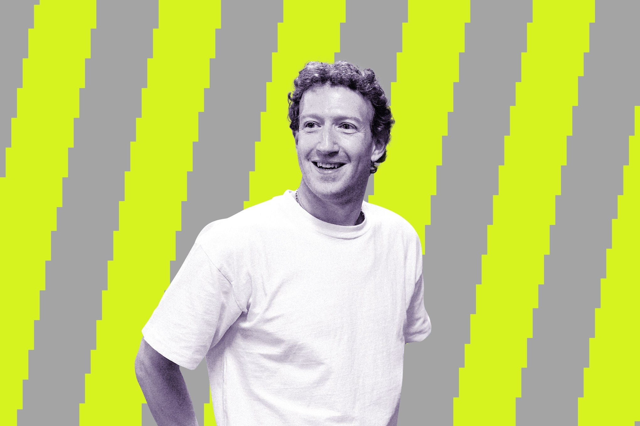 A smiling man with curly hair in a white t-shirt stands against a background of alternating neon yellow and gray diagonal stripes.