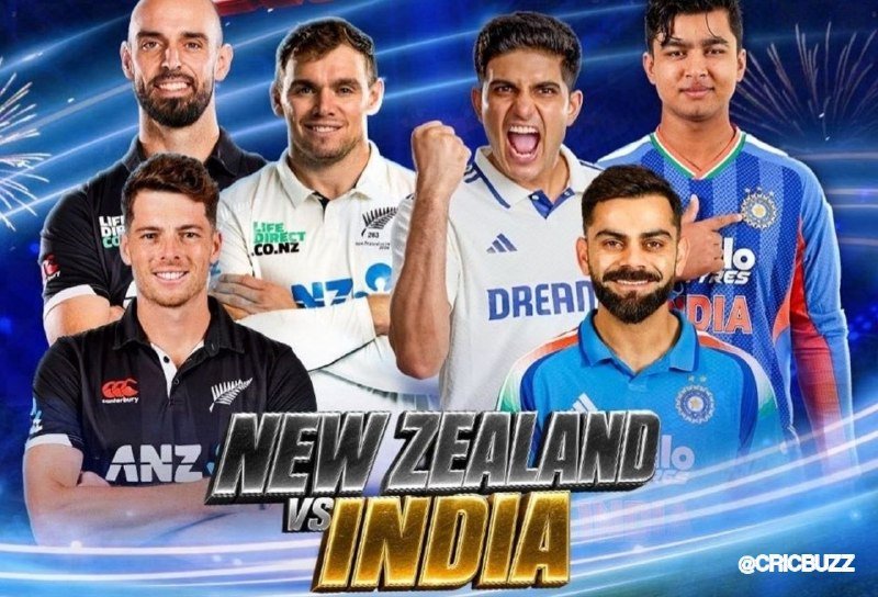 Graphic illustration with five smiling cricket players in New Zealand and India jerseys against a blue background, overlaid with "NEW ZEALAND vs INDIA" text and a "@CRICBUZZ" watermark.