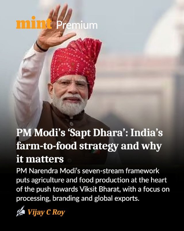 A bearded man wearing a red patterned turban and dark vest waves his raised hand, overlaid with "mint Premium" branding and article text about PM Modi's agricultural strategy.