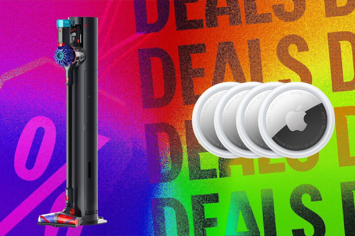 A Dyson cordless vacuum and four Apple AirTags are displayed against a vibrant rainbow gradient background featuring the repeated words "DEALS."