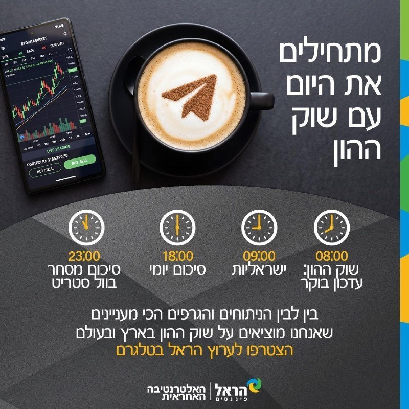 Graphic advertisement featuring a smartphone displaying stock charts, a cappuccino with a cocoa arrow design, four clock icons labeled 08:00–23:00, and Hebrew text alongside the Harel Insurance logo.