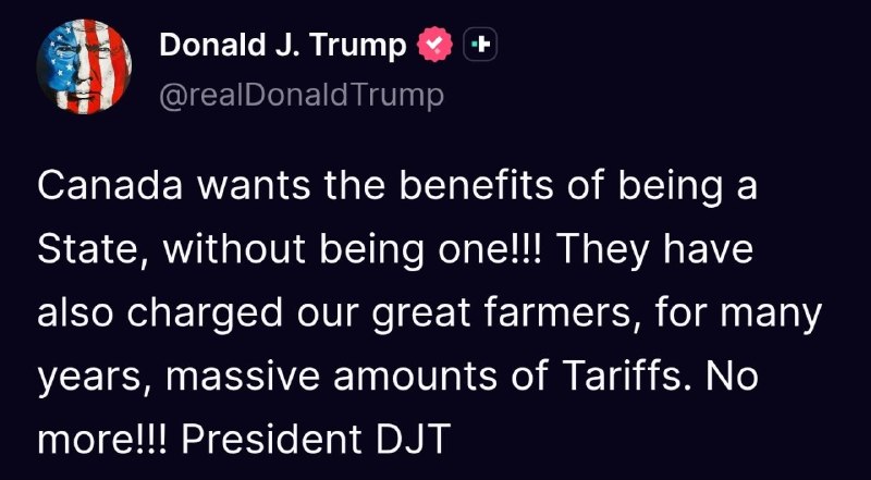 Screenshot of Donald Trump's 23 August 2026 Truth Social post accusing Canada of behaving "like a State" while charging US farmers, distributed by the Clash Report channel.
