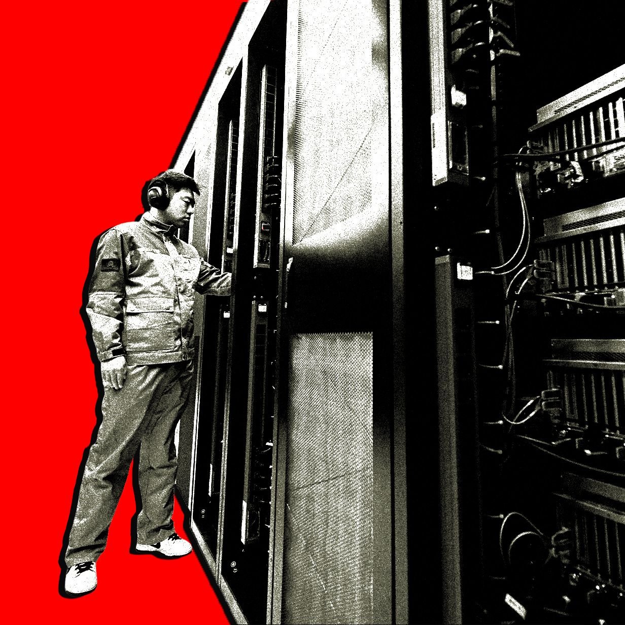 A high-contrast illustration shows a man wearing headphones and work clothes standing beside a large server rack filled with equipment and cables against a solid red background.
