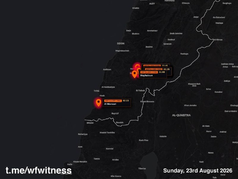 The Telegram channel wfwitness logged Israeli aircraft and artillery over southern Lebanon in the overnight window of 22 to 23 August 2026.