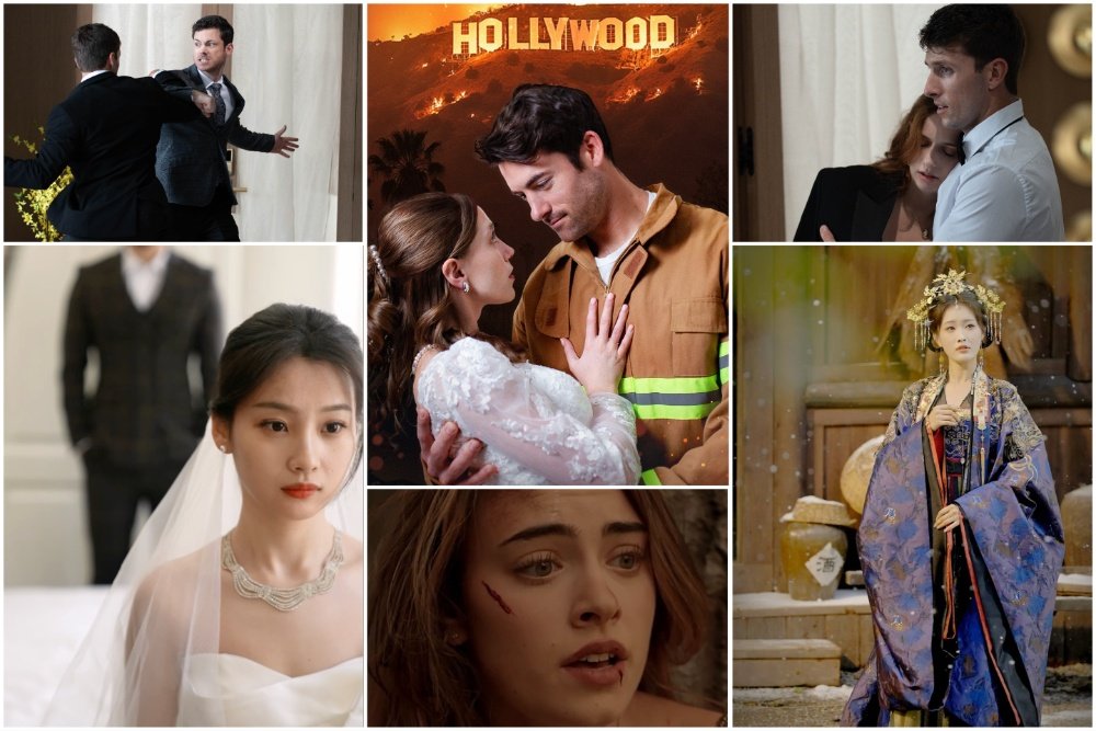 A collage of six promotional stills features people in various dramatic scenes, including a bride in a white gown, a couple embracing before a burning "HOLLYWOOD" sign, and a woman in traditional dress.