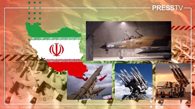 A Press TV graphic displays an Iranian flag-shaped map alongside images of a fighter jet marked "IRIAF," missiles, and military vehicles.