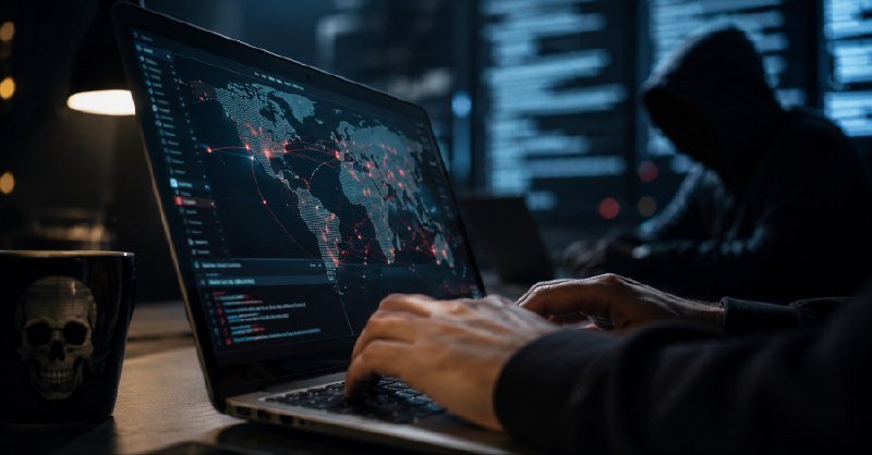 A hooded figure types on a laptop displaying a world map with red markers and code, while a skull-printed mug sits beside it in a dimly lit room.