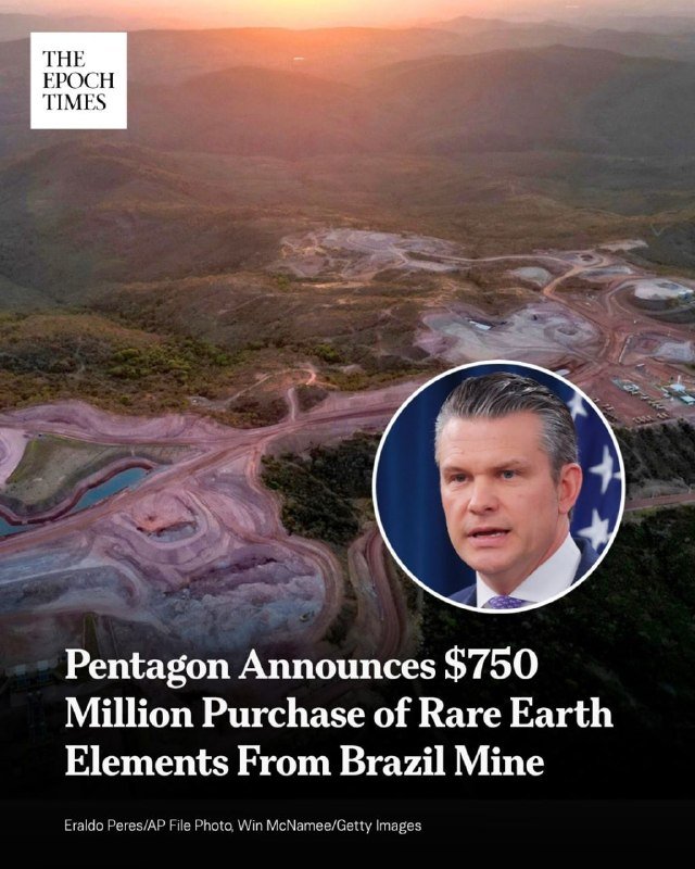 An Epoch Times graphic displays an aerial view of an open-pit mine with a circular inset portrait of a man in a suit beside a U.S. flag.