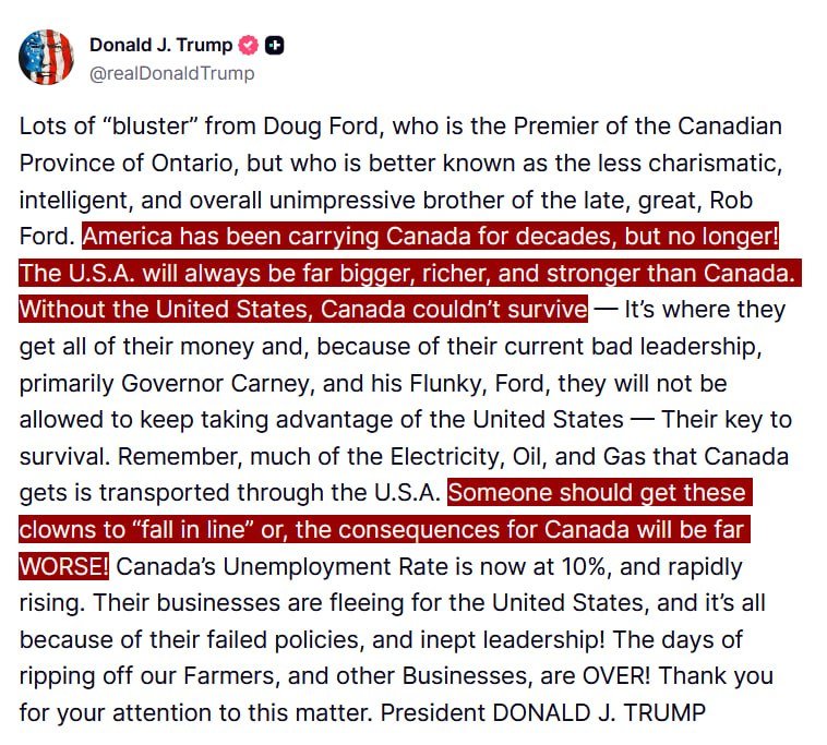 A social media post by Donald J. Trump (@realDonaldTrump) criticizes Canadian Premier Doug Ford and Canadian leadership, with portions of the text highlighted in red.