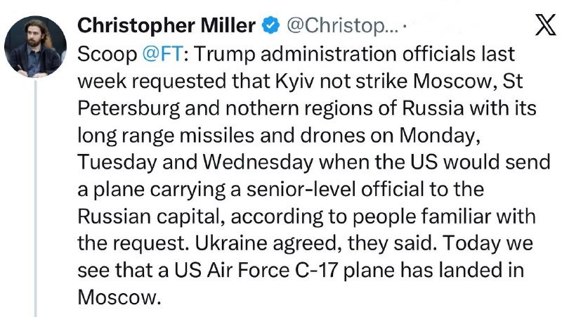 A screenshot of a social media post by verified user "Christopher Miller" containing a text scoop about a request regarding missile strikes and a US plane landing in Moscow.