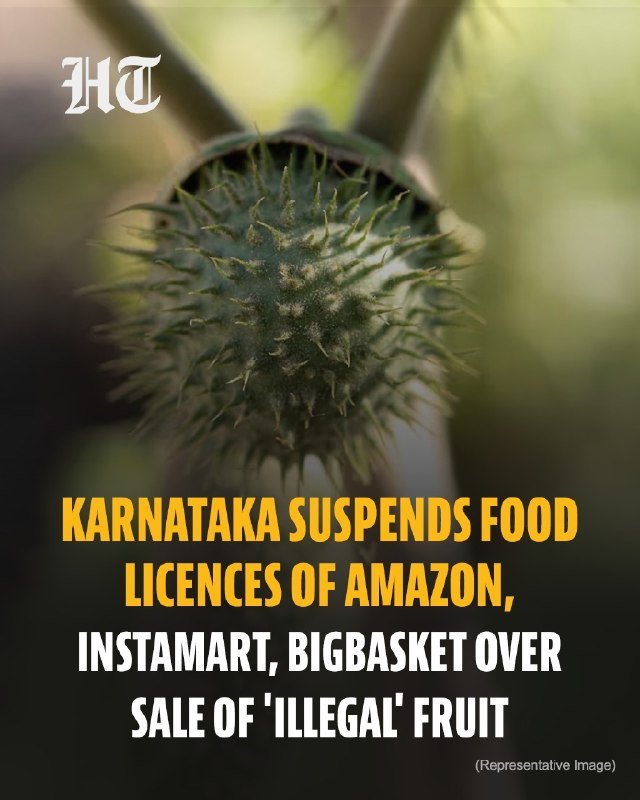 A spiky green fruit hangs from a tree branch against a blurred background, with a news headline below reading "Karnataka suspends food licences of Amazon, Instamart, BigBasket over sale of 'illegal' fruit."