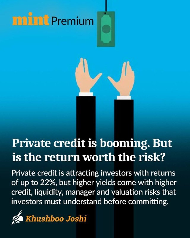 Illustration of two illustrated hands reaching upward toward a hanging dollar bill, with "mint Premium" branding and text questioning private credit returns versus risks.