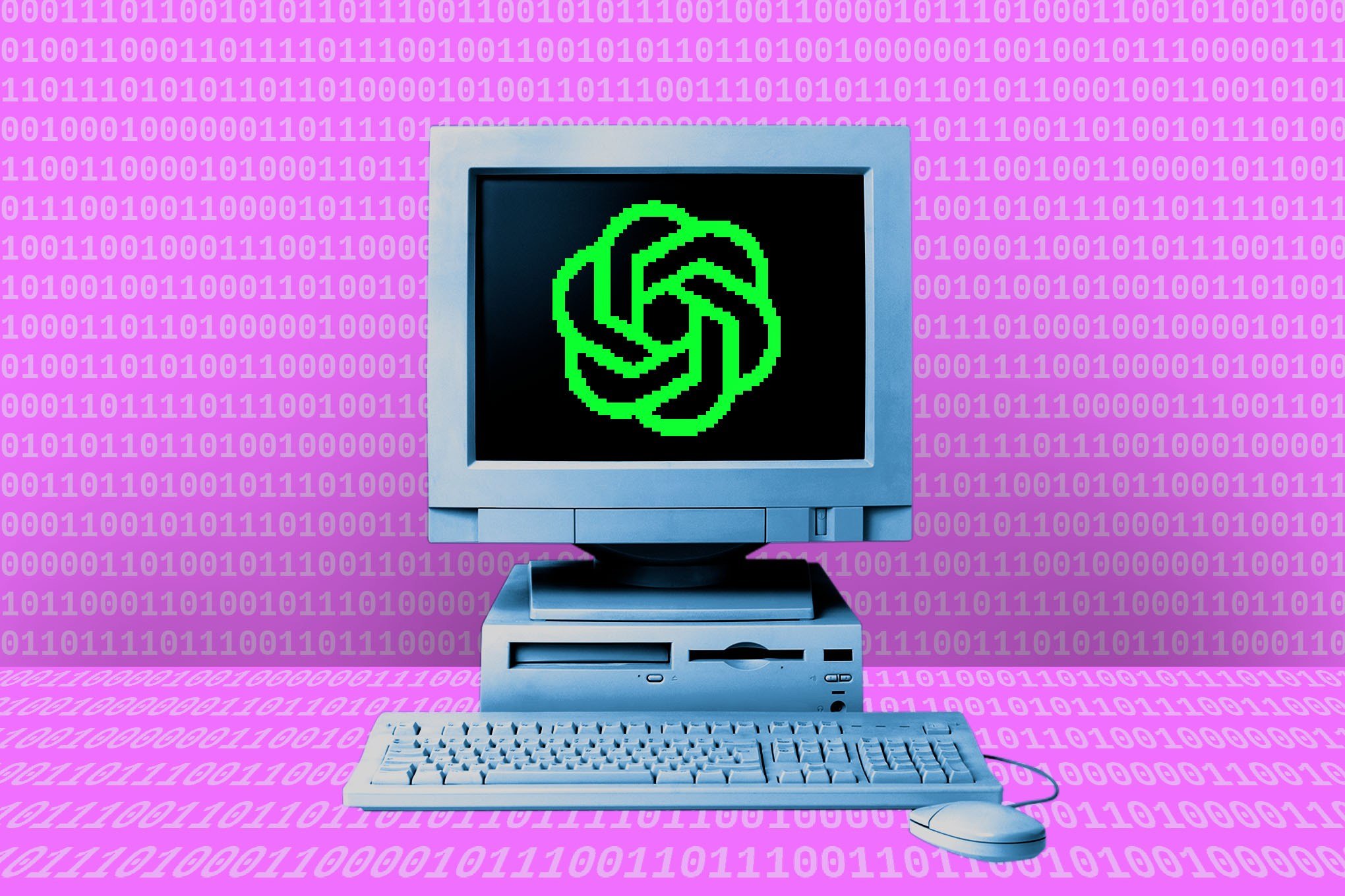 An illustration shows a vintage desktop computer with a green pixelated logo on its monitor, set against a pink background covered in white binary code.