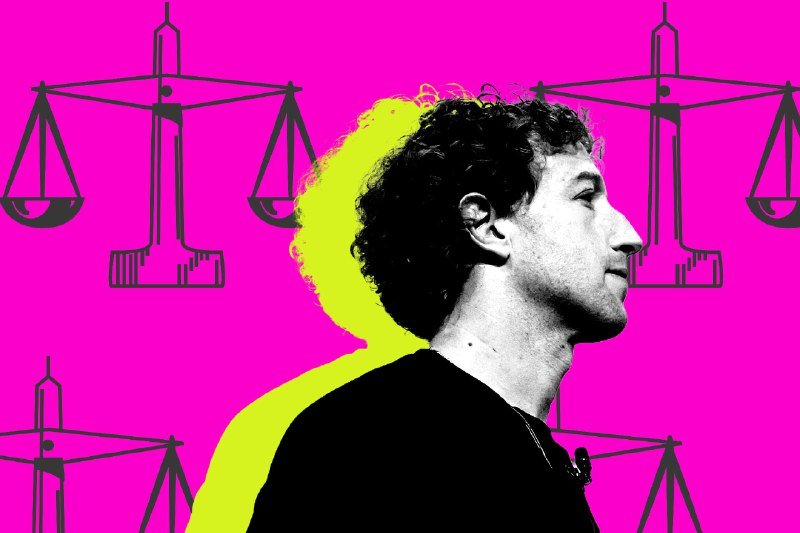 Graphic illustration showing a black-and-white profile portrait of a curly-haired man against a bright pink background with yellow accents and repeated scale-of-justice icons.