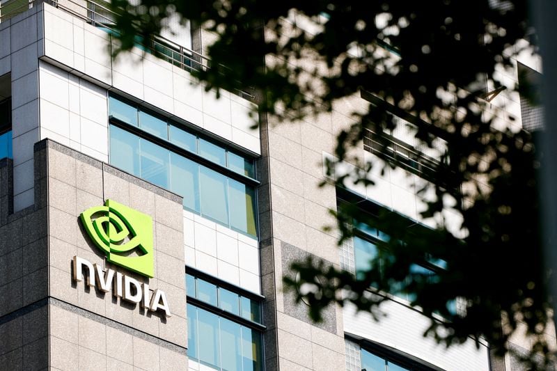Nvidia signage at the company's headquarters in Santa Clara, California.