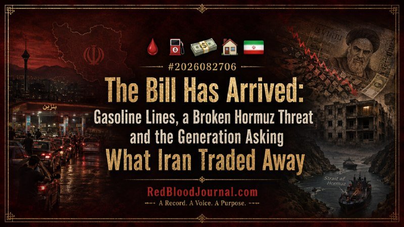 A graphic poster features the headline "The Bill Has Arrived: Gasoline Lines, a Broken Hormuz Threat and the Generation Asking What Iran Traded Away," with images of fuel cans, money, flags, a gas station, and warships.