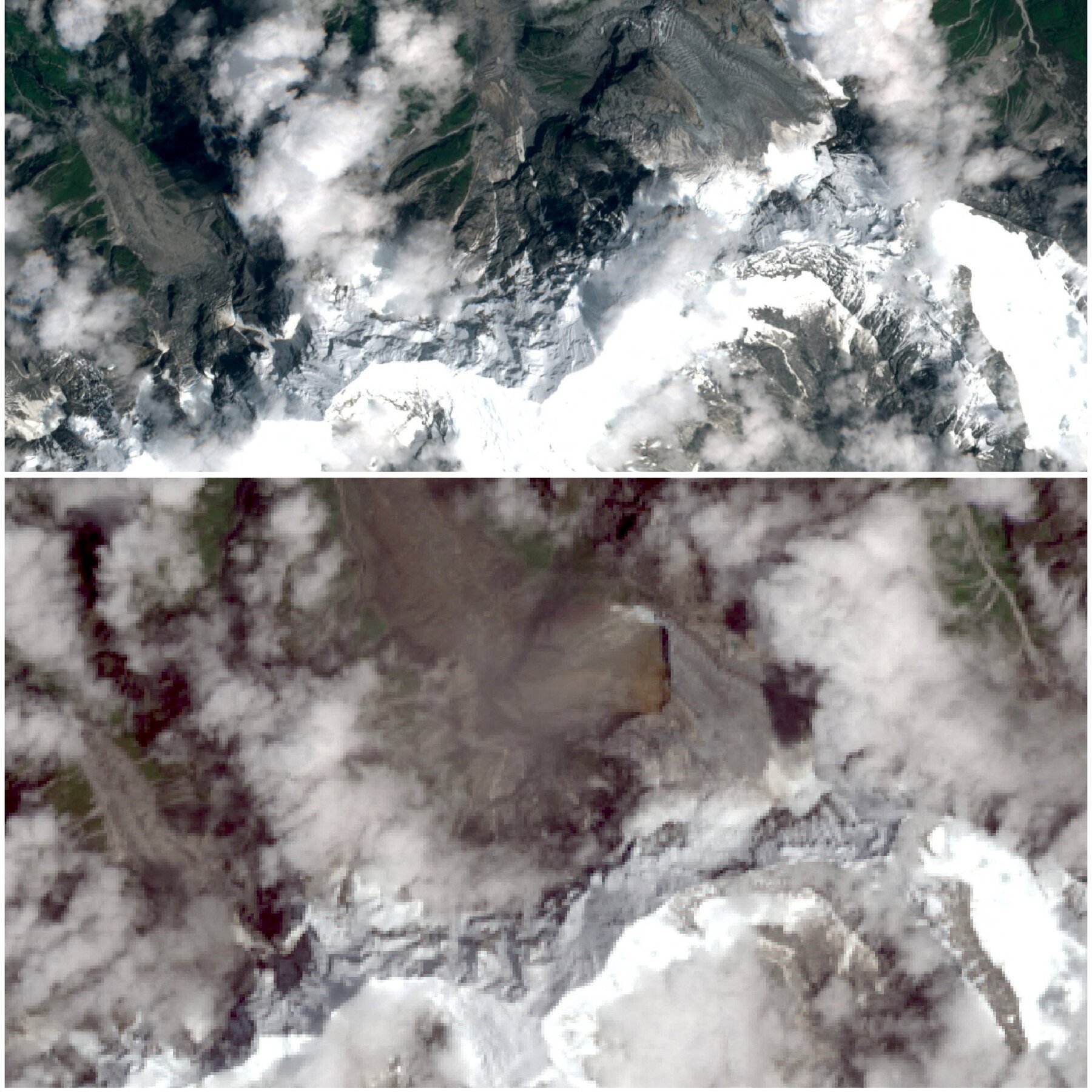 Two satellite images compare a snow-capped mountainous region before and after snowmelt, revealing exposed brown terrain and glaciers in the lower panel.