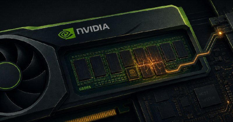 An NVIDIA-branded graphics card with an exposed circuit board featuring a skull logo, labeled "GDDR6," sits atop a "HOST SYSTEM" circuit board, illuminated by green and orange accents.