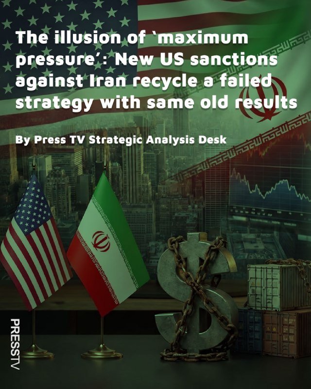 A graphic showing US and Iranian flags beside a chained dollar sign and shipping containers, with overlaid text about US sanctions and a declining chart background.