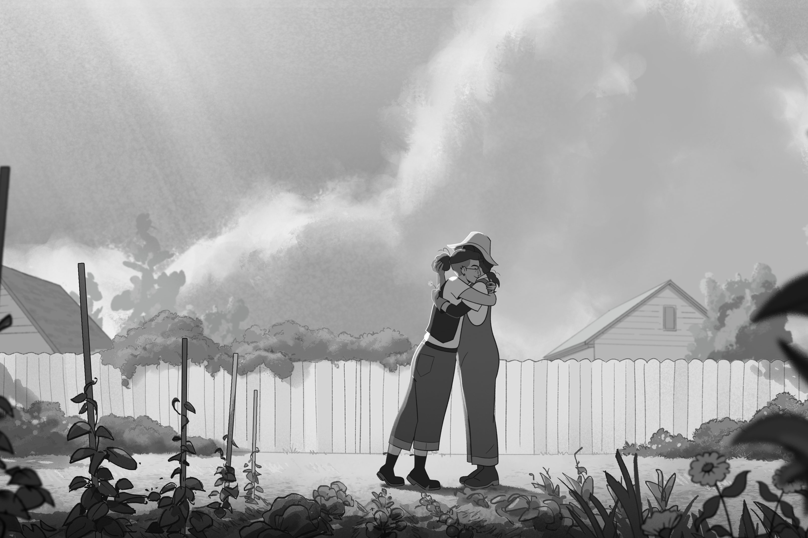 Black-and-white illustration of two people embracing in a backyard garden with a wooden fence, plants, and a cloudy sky.