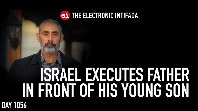 A graphic from The Electronic Intifada shows a gray-bearded man beside the headline "ISRAEL EXECUTES FATHER IN FRONT OF HIS YOUNG SON," marked "DAY 1056."