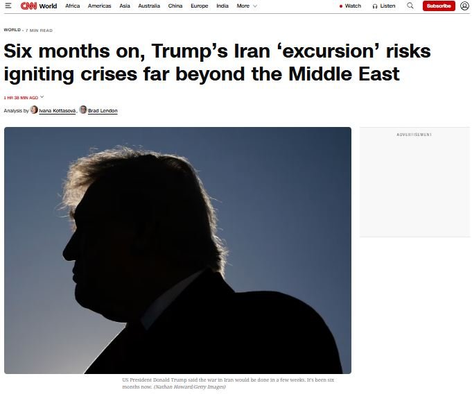 A silhouetted man with light-colored hair is shown in profile against a blue sky on a CNN World webpage featuring a headline about Trump's Iran policy.