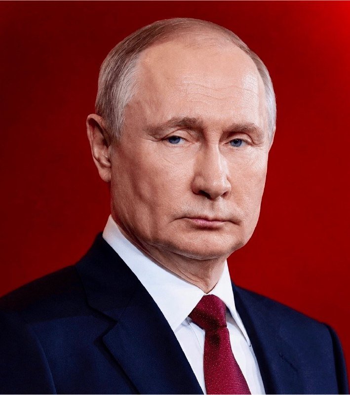 A man with short light-colored hair wearing a dark suit, white shirt, and red tie poses against a solid red background.