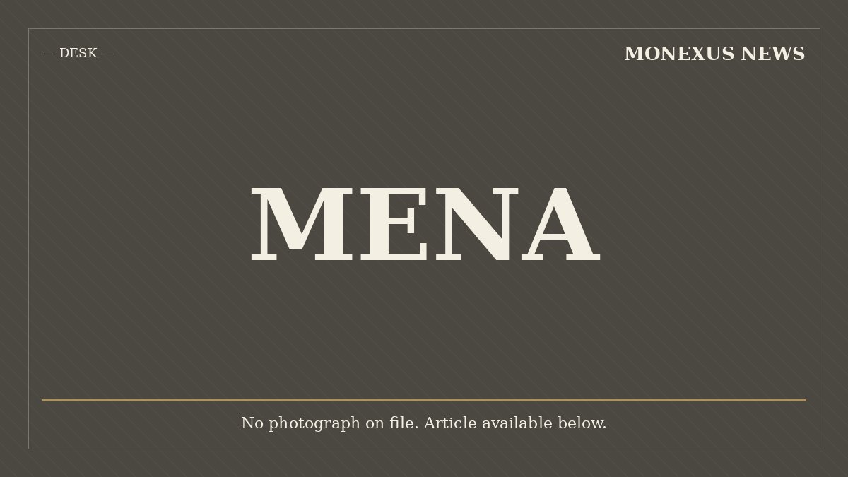 Placeholder graphic with the word "MENA" in white serif type on a dark diagonally-striped background, labeled "MONEXUS NEWS" and "— DESK —," with text noting no photograph on file.