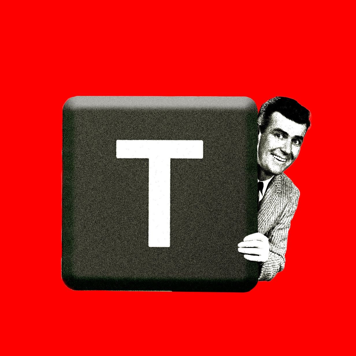 A graphic illustration on a red background shows a smiling man in a patterned jacket peeking from behind a large black square featuring a white letter "T."
