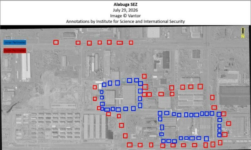 An annotated satellite image labeled "Alabuga SEZ, July 29, 2026" shows an industrial facility marked with red and blue square outlines and a color-coded legend.