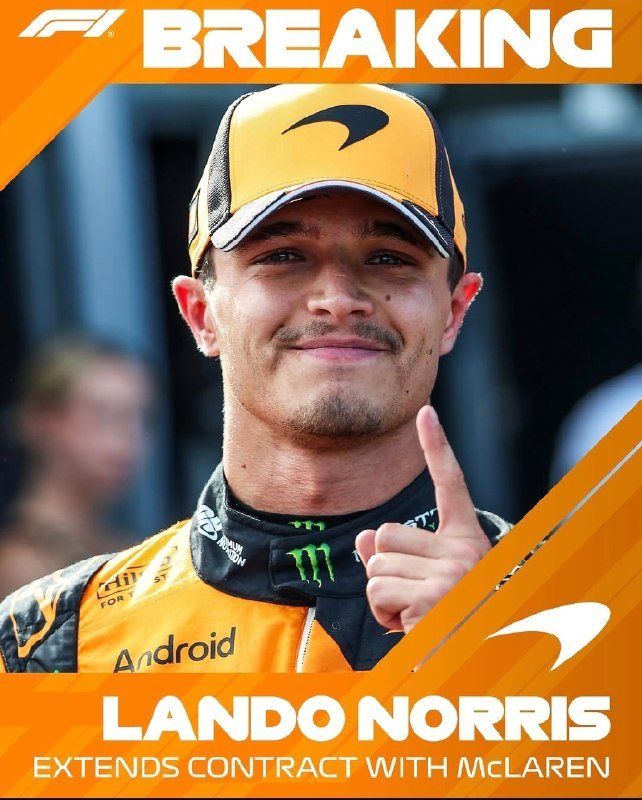 Graphic announcement showing a Formula 1 driver in an orange McLaren cap and race suit pointing upward, with text reading "F1 BREAKING: LANDO NORRIS EXTENDS CONTRACT WITH McLAREN."
