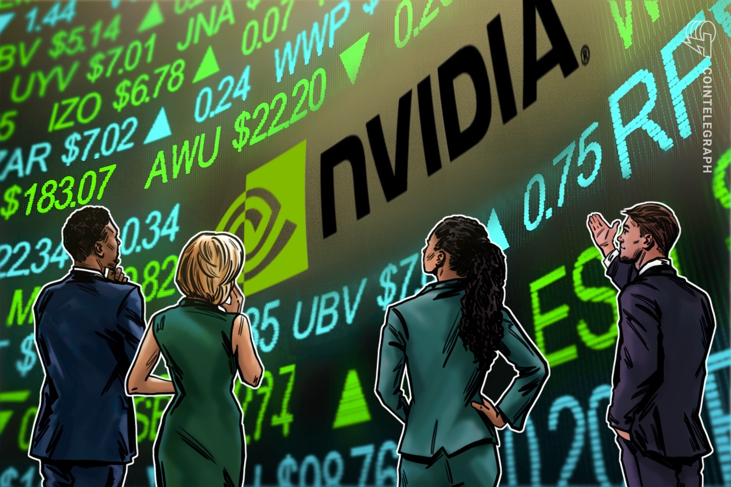 Trader screens reflect Nvidia's broader-market pull as the chipmaker's earnings beat spills into equities, crypto and AI-linked infrastructure names.