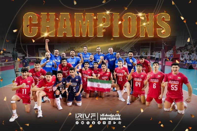 A volleyball team in red jerseys poses triumphantly on a court, holding an Iranian flag, beneath illuminated "CHAMPIONS" lettering and IRIVF branding.