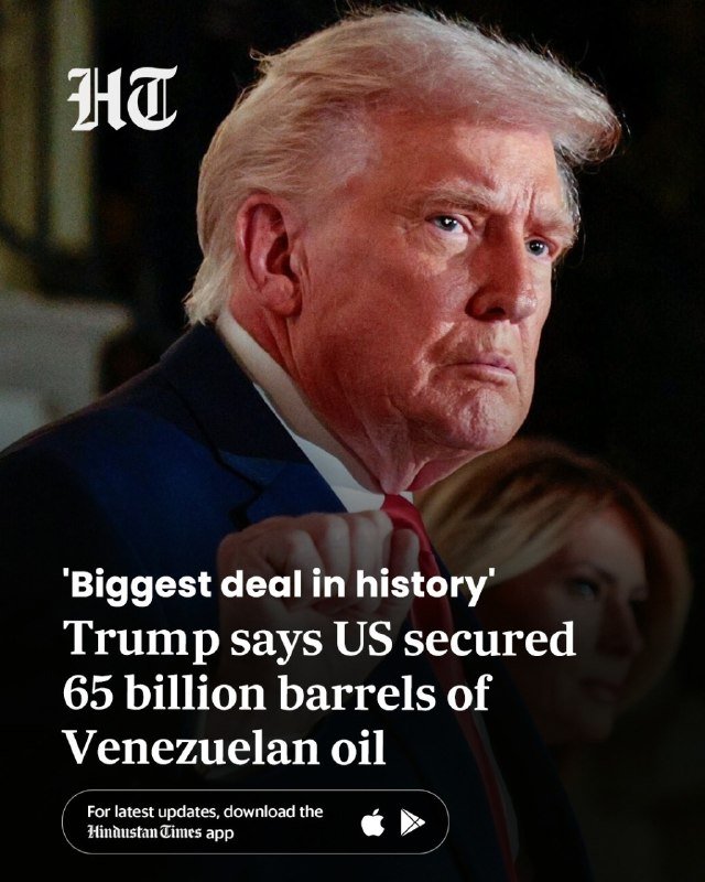 A graphic featuring an older man with blond hair in a suit, overlaid with Hindustan Times text about US oil.