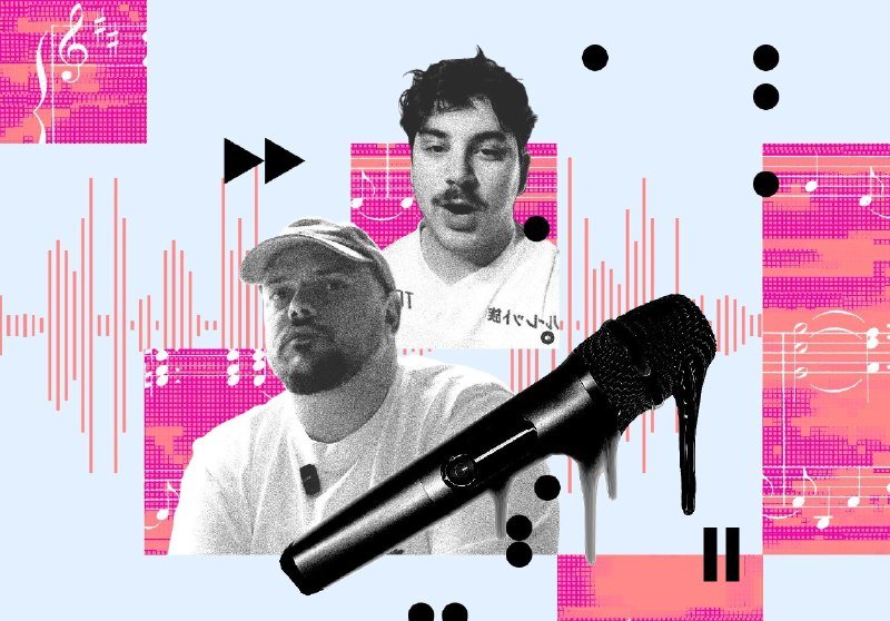 A graphic illustration shows two men's black-and-white portraits overlaid on pink sheet music and audio waveforms, with a dripping black microphone in the foreground.