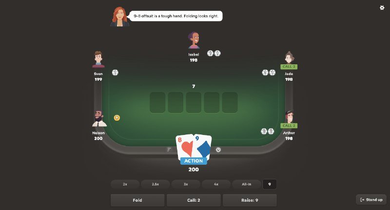 A digital poker game interface shows a green table with five players, a player's hand of cards, a speech bubble reading "3-8 offsuit is a tough hand. Folding looks right," and action buttons below.