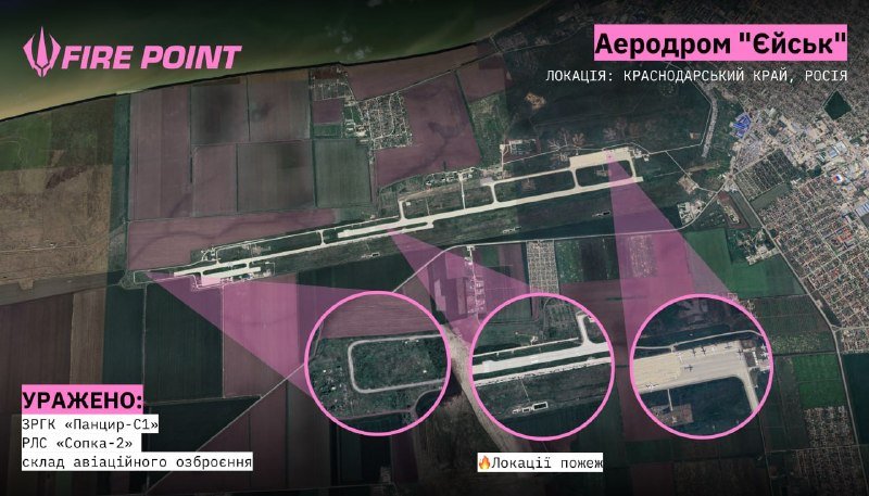 Satellite image graphic with "Fire Point" and "Аеродром 'Єйськ'" labels showing an airfield, three circled zoom-in views, and pink overlays marking locations of fires.