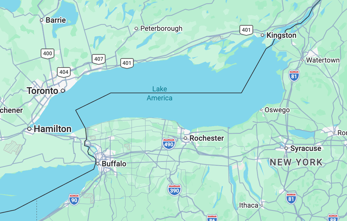 Screenshot of Google Maps showing the body of water between the US and Canada relabelled as 'Lake America' for US users on 30 August 2026.