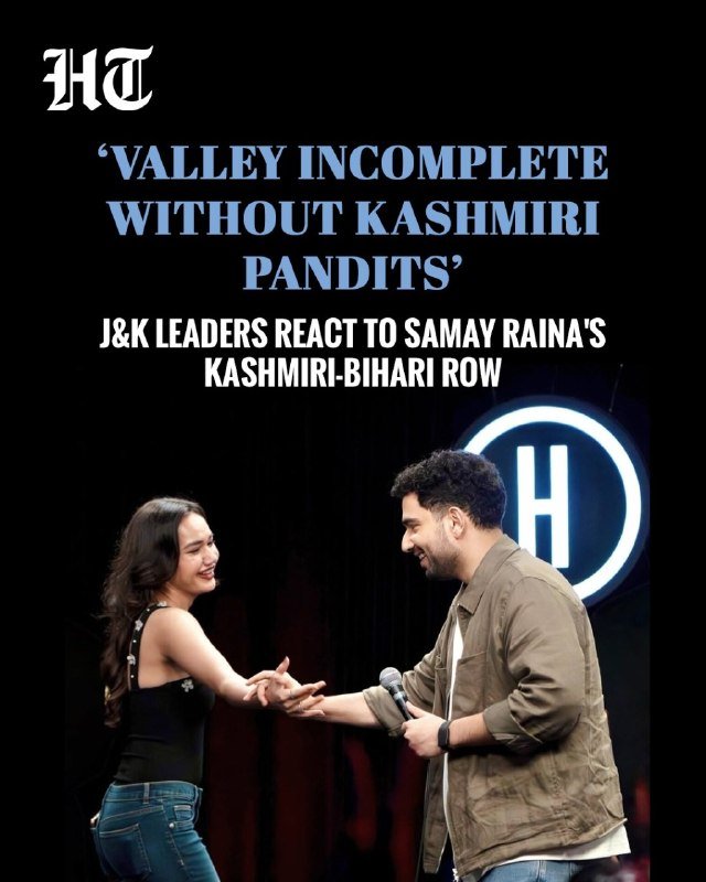 A news graphic with the "HT" logo features a smiling woman and man on stage holding hands, with the headline "Valley incomplete without Kashmiri Pandits."