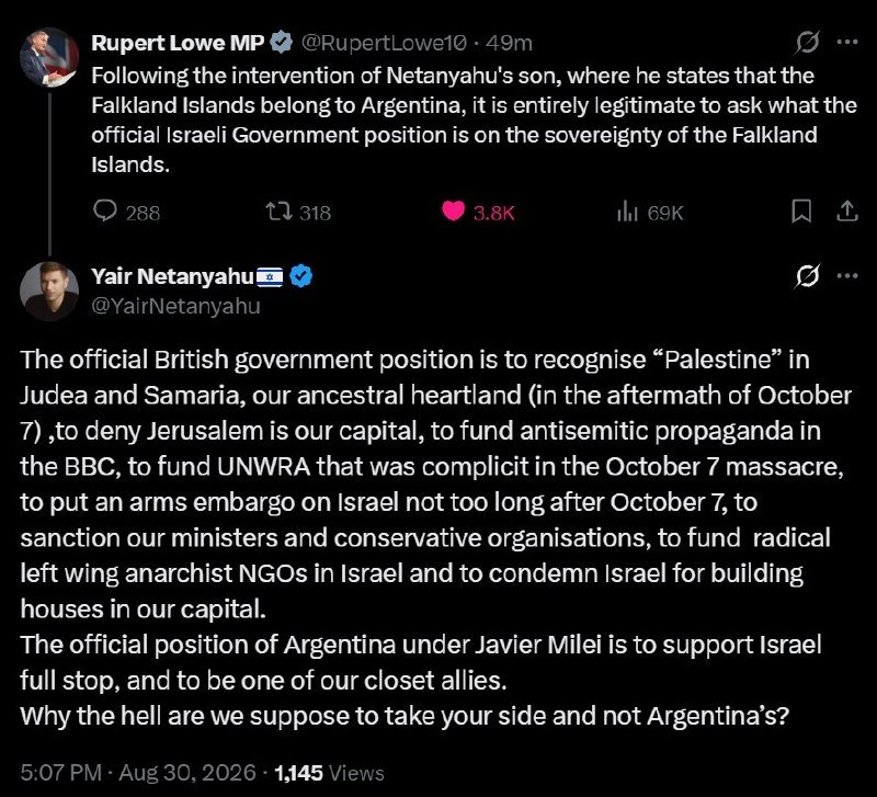 A screenshot shows an X post by Rupert Lowe MP questioning the Israeli government's position on Falkland Islands sovereignty, quoting a reply from Yair Netanyahu criticizing British policy toward Israel and expressing support for Argentina's position.