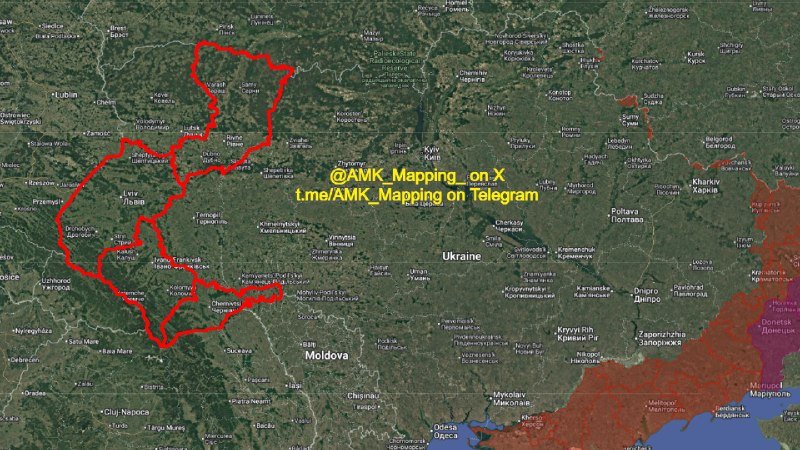 A satellite map of Ukraine and surrounding regions displays a red outlined area on the western side, with yellow text crediting "@AMK_Mapping" on X and Telegram.